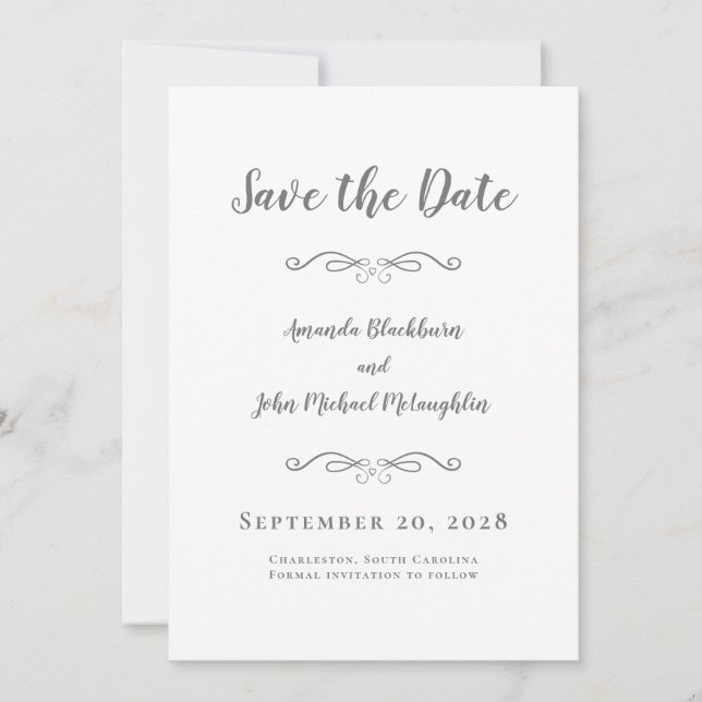 Foto Delicate Script Romantische Kalligraphie Grau Save The Date (Vorderseite)