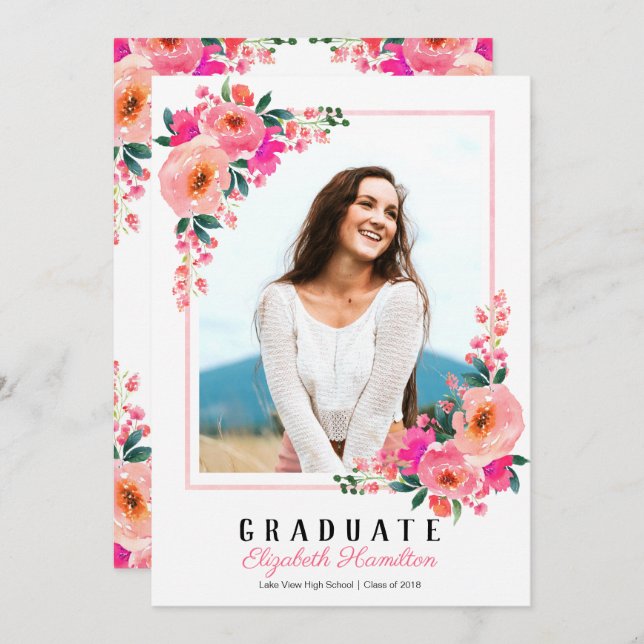 Foto der Absolventen rosa Blumenrahmen Einladung (Vorne/Hinten)