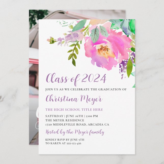 Foto der Aquarellfarben Rosa Bläserstube Einladung (Vorne/Hinten)