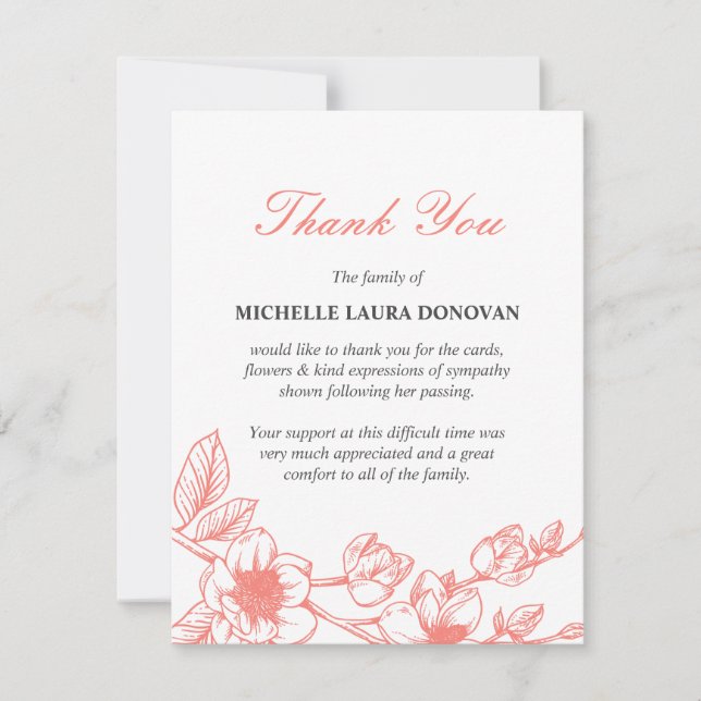 Foto der Beerdigung| Korallenmagnolia Dankeskarte (Vorderseite)