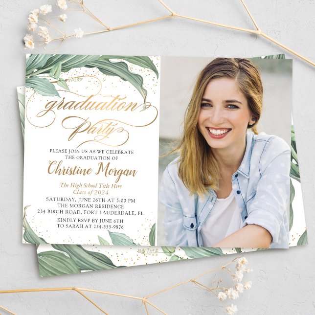 Foto der botanischen Gold Script Graduation Party Einladung (Von Creator hochgeladen)