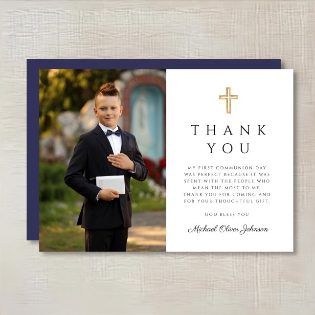 Foto der ersten Kommune Dankeskarte (Navy Blue Cross Boy First Communion Photo Thank You Card)