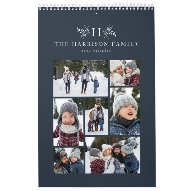 Foto der Familie Collage rustikale Monogramm blau Kalender (Titelbild)