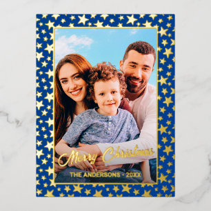 Foto der Familie Frohe Weihnachtssterne Blau der M Folien Feiertagspostkarte