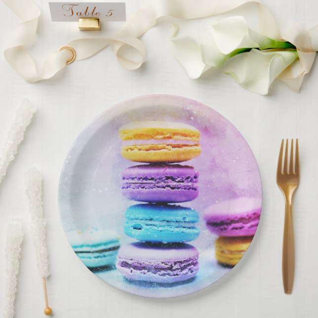 Foto der farbenfrohen, köstlichen Macarons Pappteller (Hochzeit)