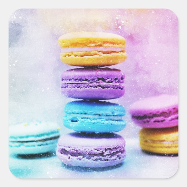 Foto der farbenfrohen Macarons Quadratischer Aufkleber (Vorderseite)