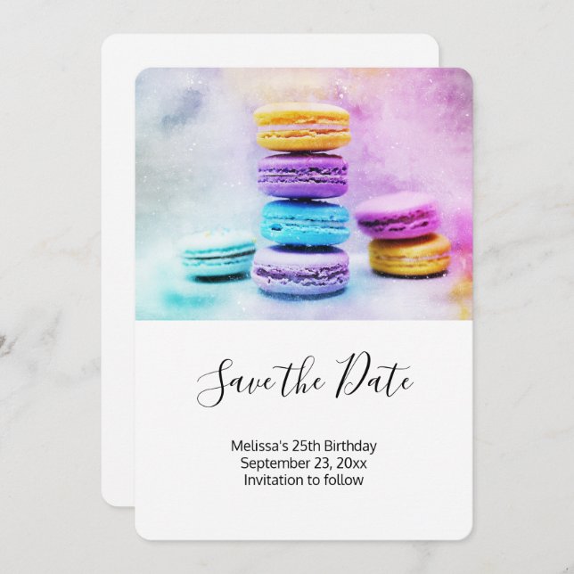Foto der farbenfrohen Macarons Save The Date (Vorne/Hinten)