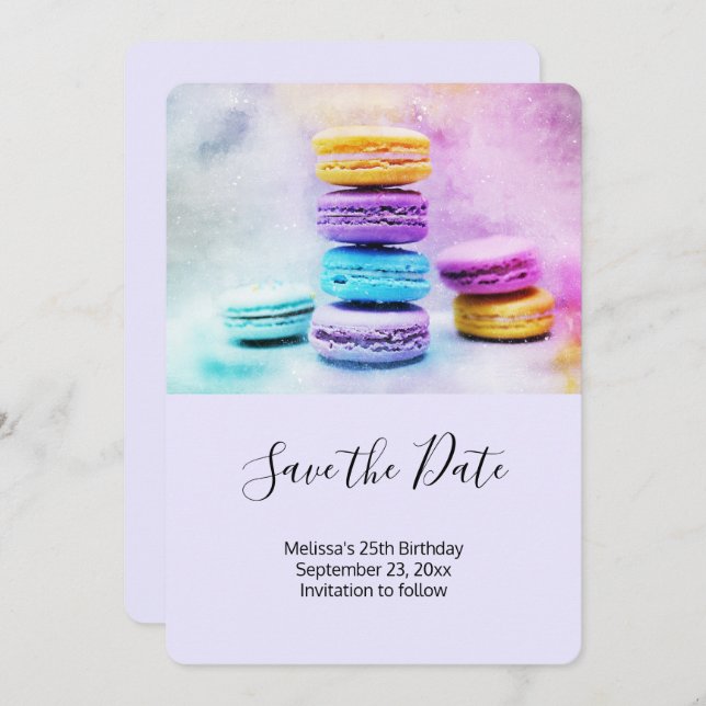 Foto der farbenfrohen Macarons Save The Date (Vorne/Hinten)