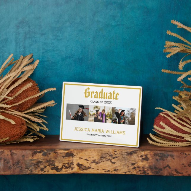 Foto der Gold Script Name School Collage Abschluss Fotoplatte (Seite)