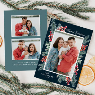 Foto der Grüße der Season in Holly und Evergreen Feiertagskarte
