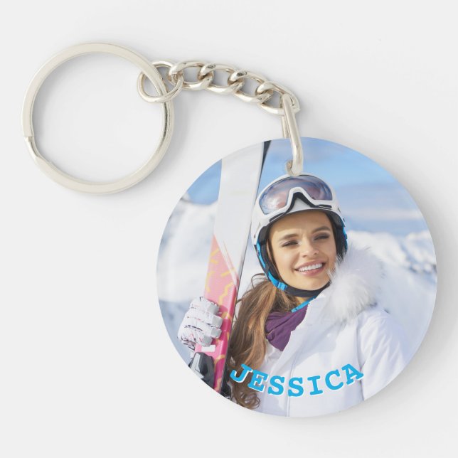 Foto der personalisierten Sky Blue Text-Reihe Schlüsselanhänger (Vorderseite)