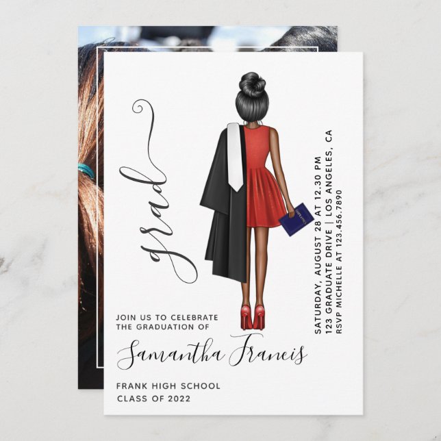 Foto der Red, Black and White Girl Graduation Part Einladung (Vorne/Hinten)