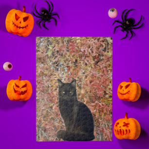 Foto der schwarzen Katze mit Orangen Herbstblätter Puzzle