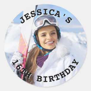 Foto der Schwarzweiß-Kurven-Textfamilie Geburtstag Runder Aufkleber