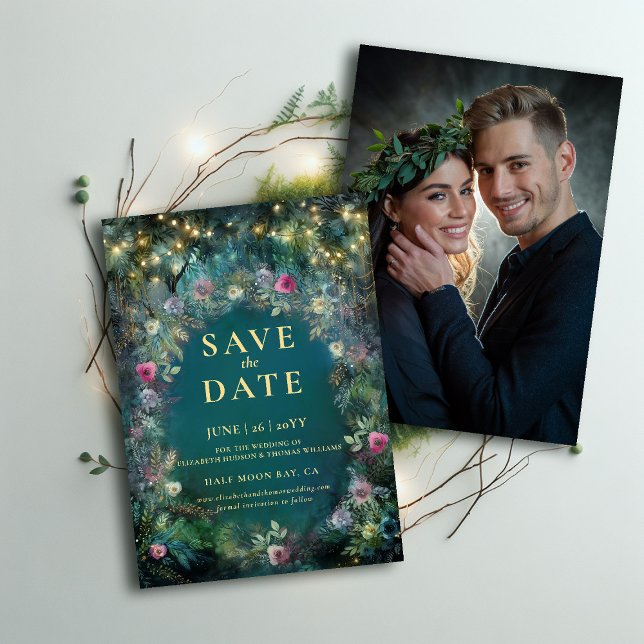 Foto der verzauberten Waldvögel Hochzeit Sichern S Einladung (enchanted forest photo wedding save the date magical fairy tale woodland roses gold emerald green)
