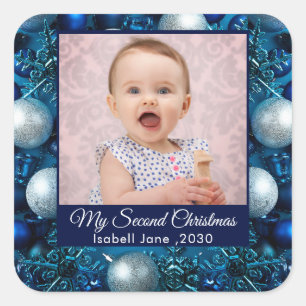 Foto der zweiten Weihnachtsfamilie - Blau Quadratischer Aufkleber