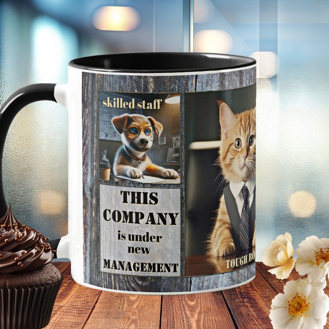 Foto des Amts für lustige Tiere Kaffeetasse (Funny office mug featuring 4 of your custom photos (optional) on a rustic industrial design)