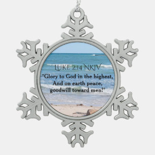Foto des blauen Ozeans mit der Weihnachtsbibel-Sch Schneeflocken Zinn-Ornament