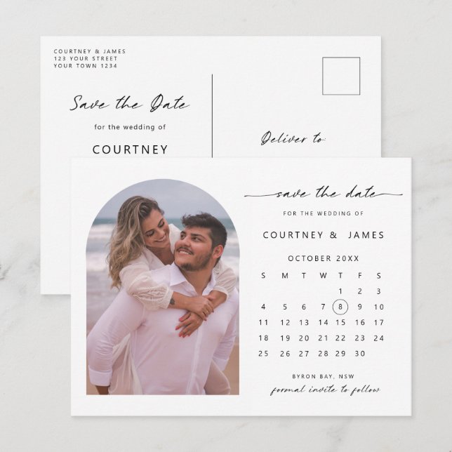 Foto des Bogenkalenders Save the Date Aufforderung Postkarte (Vorne/Hinten)