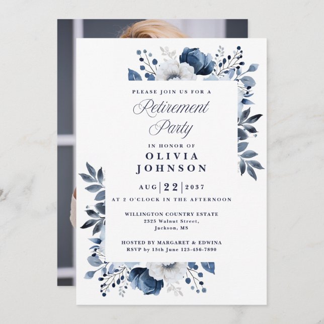 Foto des Navy Blue Elegance Floral Retirement Part Einladung (Vorne/Hinten)