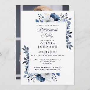 Foto des Navy Blue Elegance Floral Retirement Part Einladung