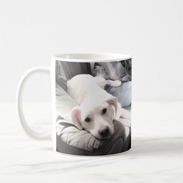 Foto des Niedlichen Weißen Hundes mit Vater-Kaffee Kaffeetasse (Links)