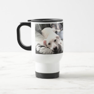 Foto des Niedlichen Weißen Hundes mit Vater Reisebecher