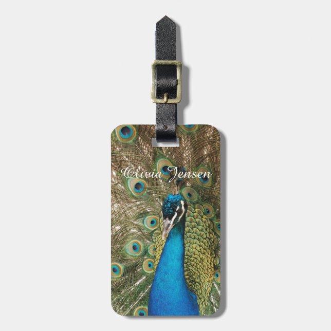 Foto des schönen Pfaus mit verbreiteten Federn Gepäckanhänger (Vorderseite vertikal)