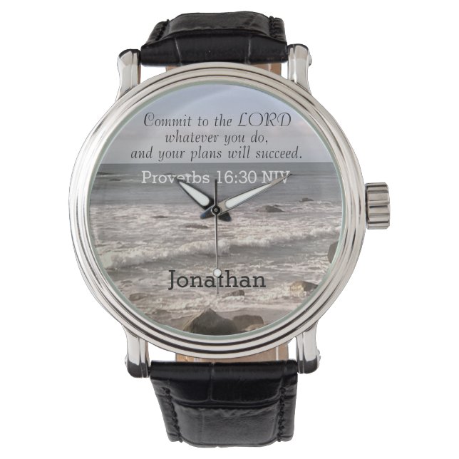 Foto des Wavy Ocean Shore Sprichwörter Bible Verse Armbanduhr (Vorderseite)