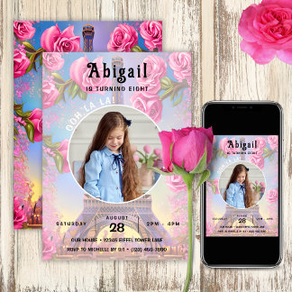 Foto Eiffel Tower Pink Roses Chic Französisch Gebu Einladung
