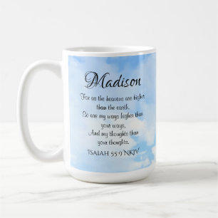 Foto eines Blue Sky Bible Verse Name und Initial Kaffeetasse