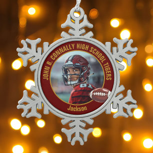 Foto eines Footballspielers der Maroon Gold High S Schneeflocken Zinn-Ornament