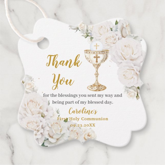 Foto eines weißen floralen Kelchs zur Erstkommunio Geschenkanhänger (Vorderseite)