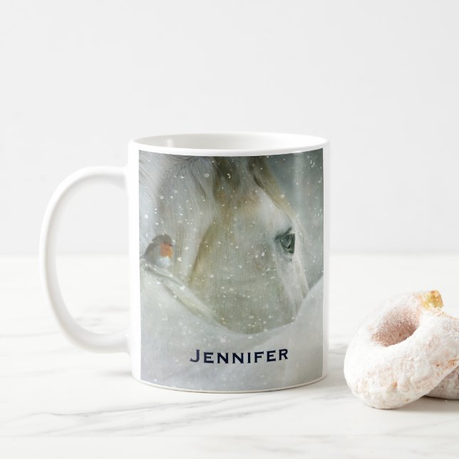 Foto eines Weißen Pferdes und Vogels im Winter Kaffeetasse (Mit Donut)