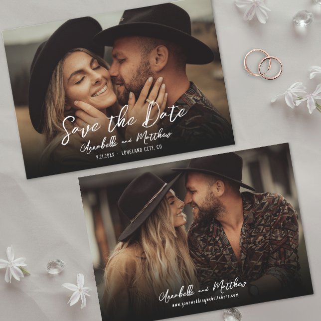 Foto Einfache Rustikale Schrift Boho Hochzeit Save The Date (Photo Simple Rustic Script Boho Wedding Save the Date)