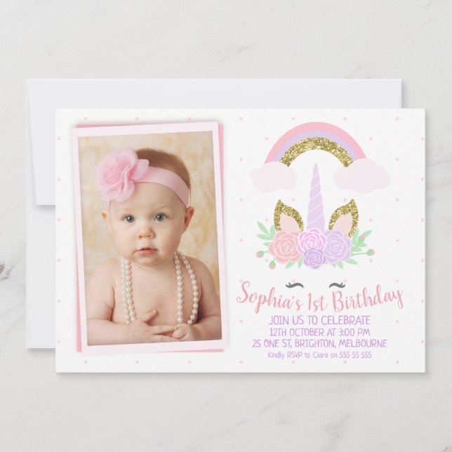 Foto Einhorn und Regenbogen Einladung zum Geburtst (Vorderseite)