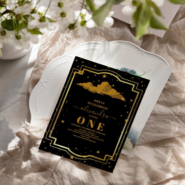 Foto Elegant Black Gold Celestial 1. Geburtstag Einladung (Von Creator hochgeladen)
