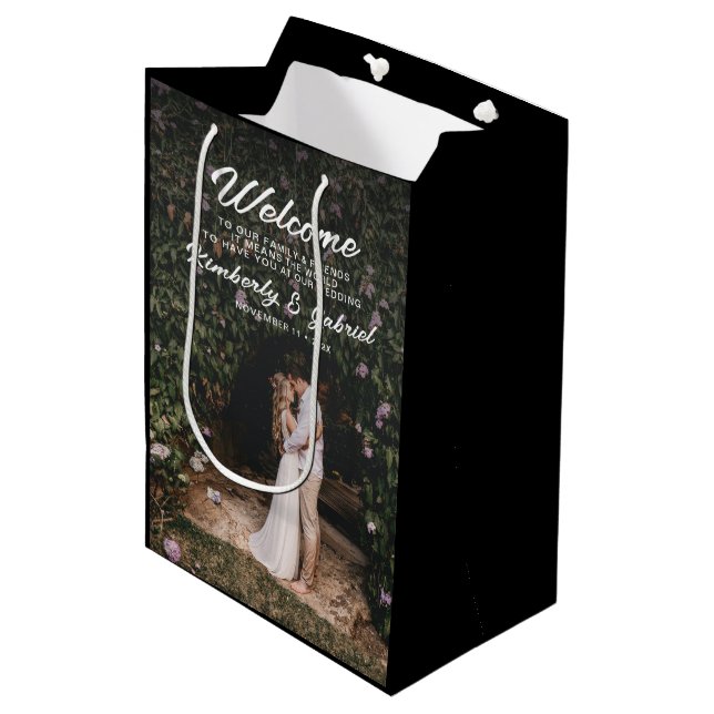 Foto Elegant Black Wedding Willkommen Mittlere Geschenktüte (Vorderseite Schrägansicht)