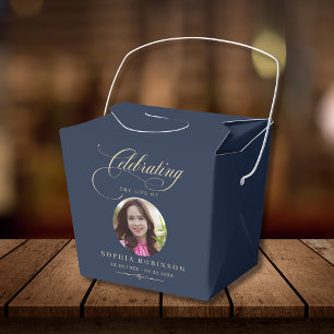 Foto Elegant Blau Gold Schrift Trauer Gedenkfeier Geschenkschachtel