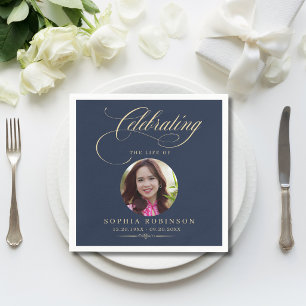 Foto Elegant Blau Gold Schrift Trauer Gedenkfeier Serviette