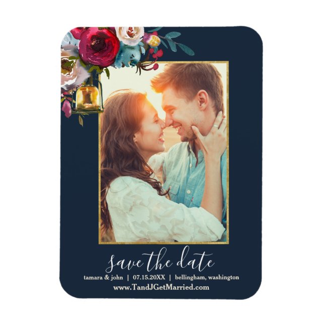 Foto Elegant Burgundy Navy Floral Save the Date Magnet (Vertikal)