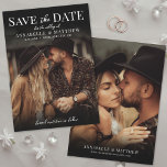 Foto Elegant Minimalistisch Boho Wedding Save The Date<br><div class="desc">Dunkle und elegante Hochzeitkarte Save the Date. Dieses Design zeichnet eine raffinierte, launische Ästhetik mit ganzseitigen Fotos auf der Vorder- und Rückseite aus. Ein schwarzer Farbverlauf überlagert das obere und untere Bild und hebt den weißen Text in einer wunderschönen Mischung aus elegantem Drehbuch und klassischen Serif-Schriftart hervor. "Save the Date"...</div>