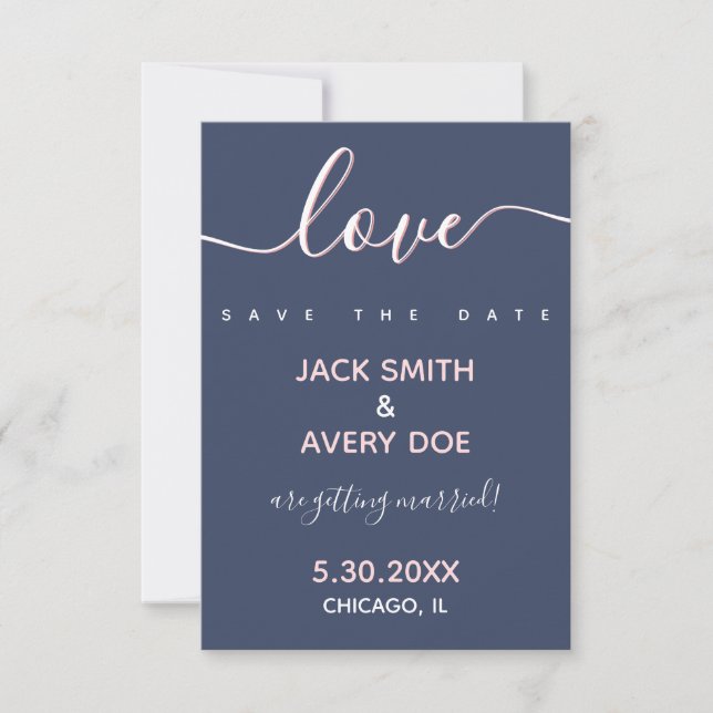 Foto Elegant & Moderne Liebe Script Navy & Blush Save The Date (Vorderseite)