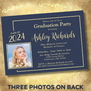 Foto Elegant Navy Blue and Gold Graduation Party Einladung