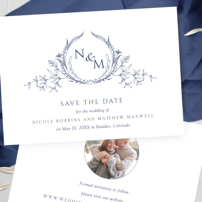 Foto, Elegant Navy Blue Monogram Wedding Save The Date (Von Creator hochgeladen)