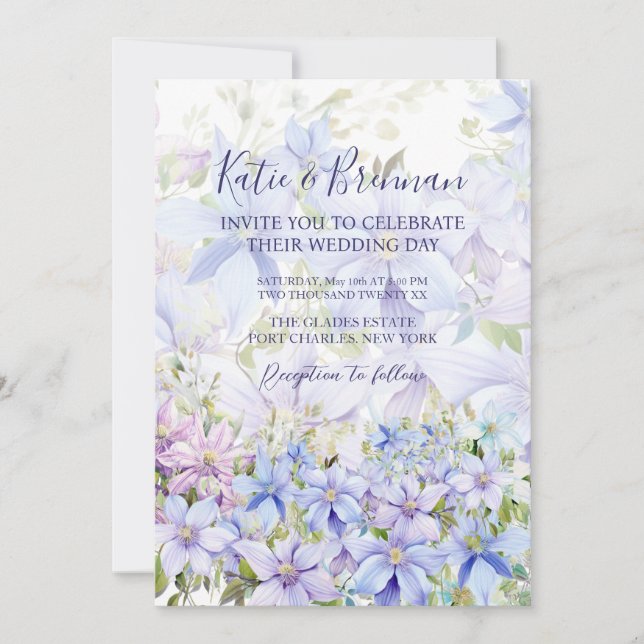 Foto Elegant Periwinkle Clematis QR Code Wedding Einladung (Vorderseite)