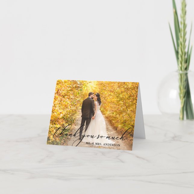 Foto Elegant Schöne kalligraphische Hochzeit Hinwe Dankeskarte (Vorderseite)