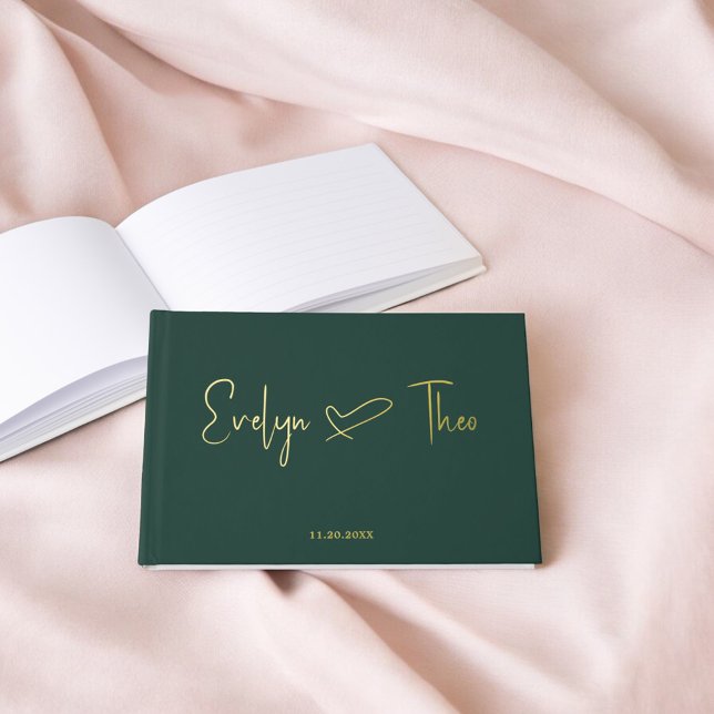 Foto Elegant Script Heart Green Gästebuch (Von Creator hochgeladen)