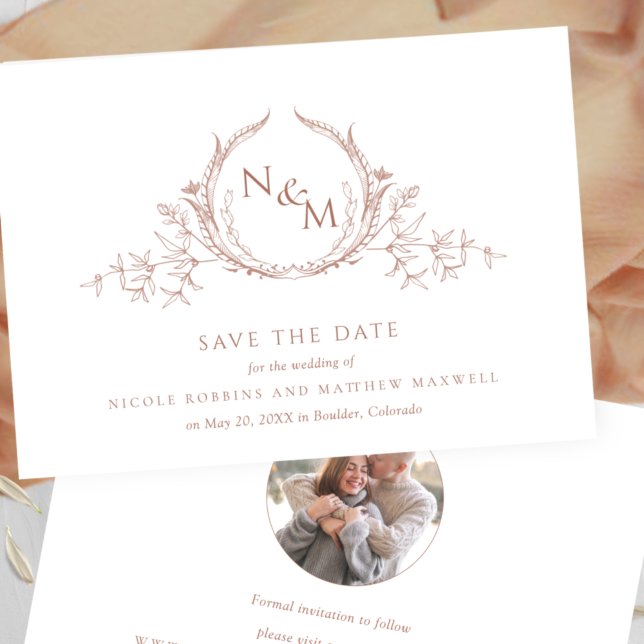 Foto, Elegant Terracotta Monogram Wedding Save The Date (Von Creator hochgeladen)