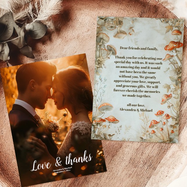 Foto Elegant Woodland Mushroom Fern Wedding Dankeskarte (Von Creator hochgeladen)